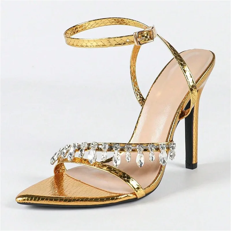 

Luxury Rhinestone Sexy Heels Sandals Women Ankle Buckle Open Toe Fashion Designer Shoes Gold Elegant Banquet Party Dress Shoes