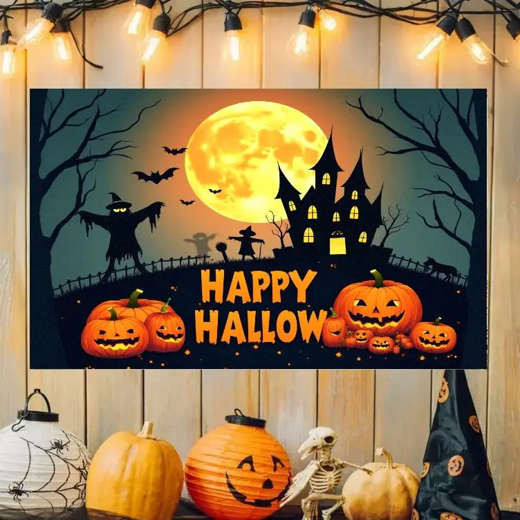 VIKAMA Scarecrow Halloween Tapestry Haunted House Full Moon Pumpkin Bat Tree Holiday Wall Hanging Bedroom Dorm Party Cloth