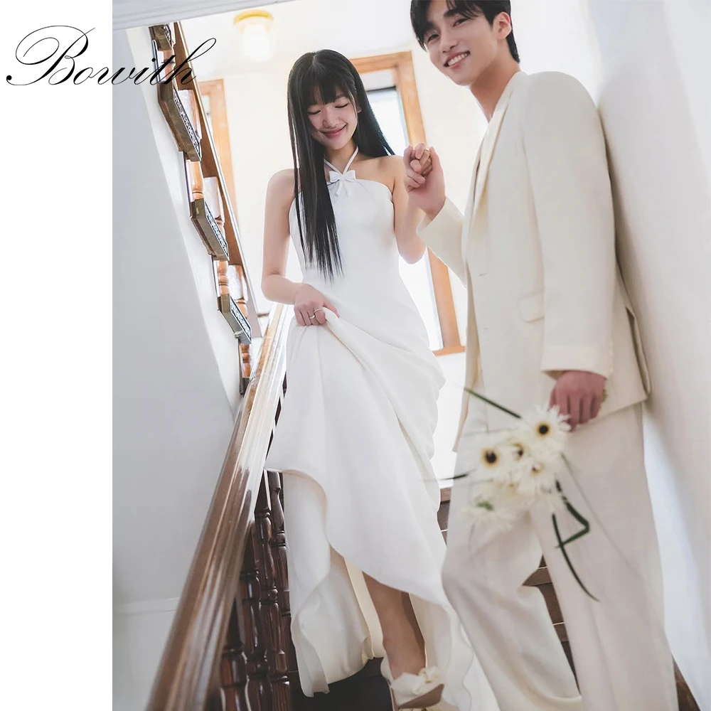 

Bowith Korean Wedding Dresses Halter Bow Customzied Bridal Reception Dresses Soft Satin Wedding Snap Dress Party Gown for Bride