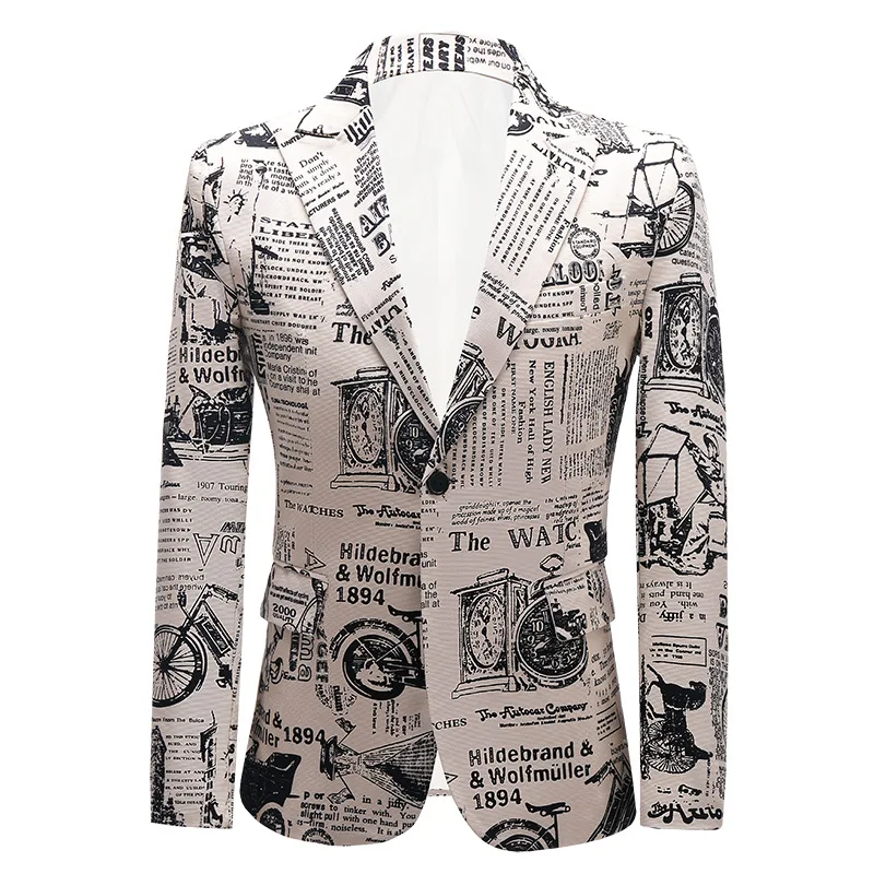 New MenUnique and Personalized Newspaper Printed Suit Single Button Jacket Fashion Male Dance Party Bar DJ Casual Blazer