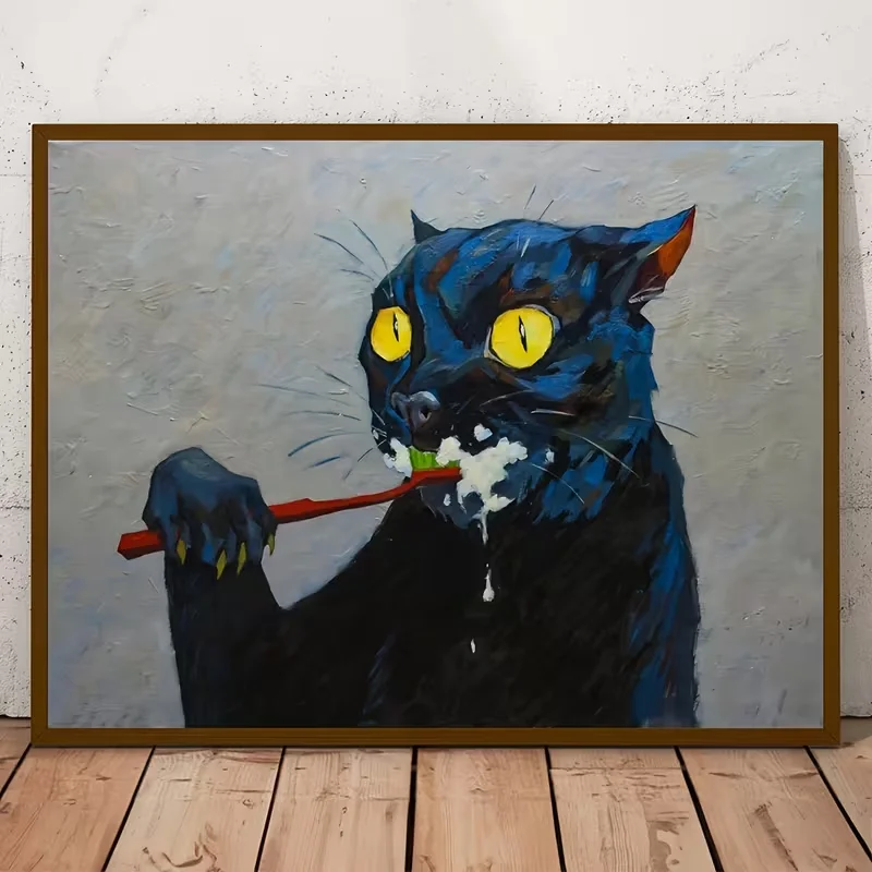 2D Flat, 2D Flat, One Unframed Canvas Featuring a Humorous Black Cat Brushing Its Teeth, Perfect for Wall Art in Various Setting