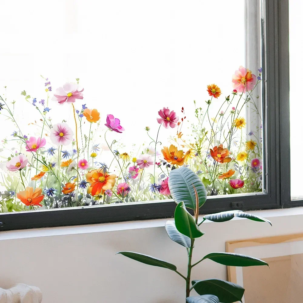 Painted Flowers Leaves Wall Sticker For Living Room Background Decoration Mural Removable Glass Window Bedroom Home Decor Decals