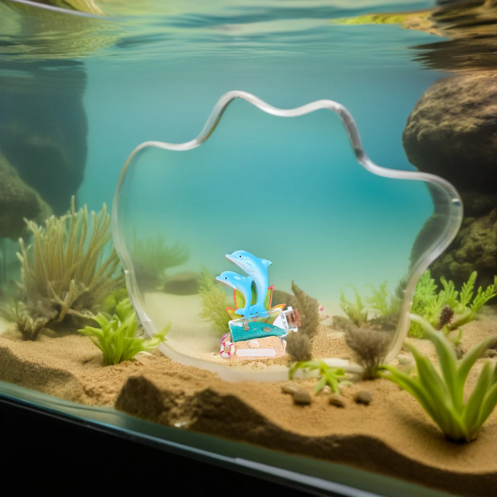 

Dolphin Sculpture Drift Bottle with Sand Seashell Aquarium Ornament for Home Office Coastal Theme Decoration Dolphin Statue