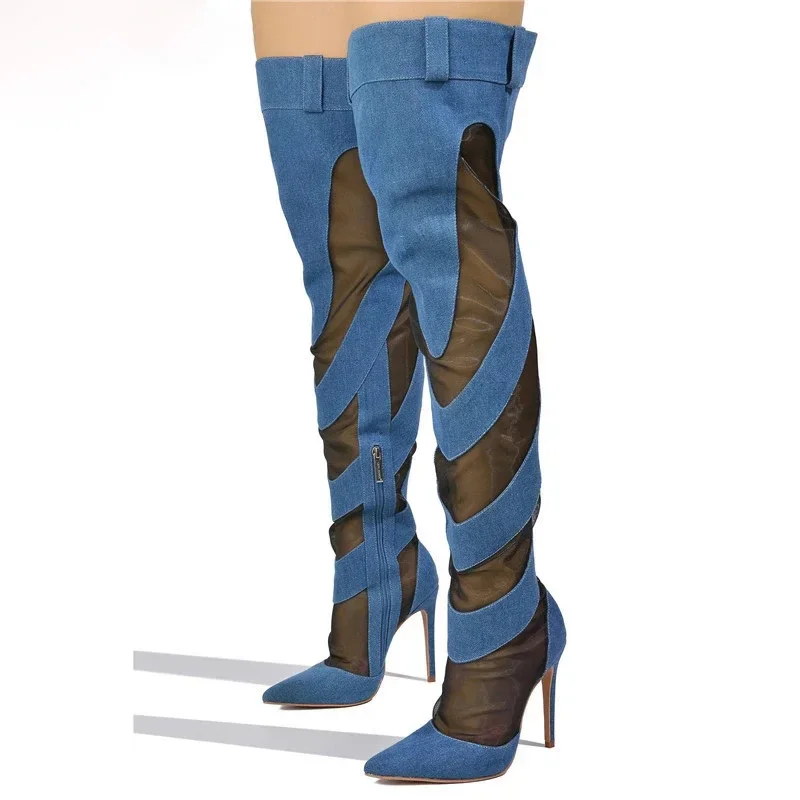 Blue Black Denim Mesh Patchwork Thigh High Boots Woman Over Knee Boots Zipper Side Pointed Toe Half Clear Jean Cloth Long Botas