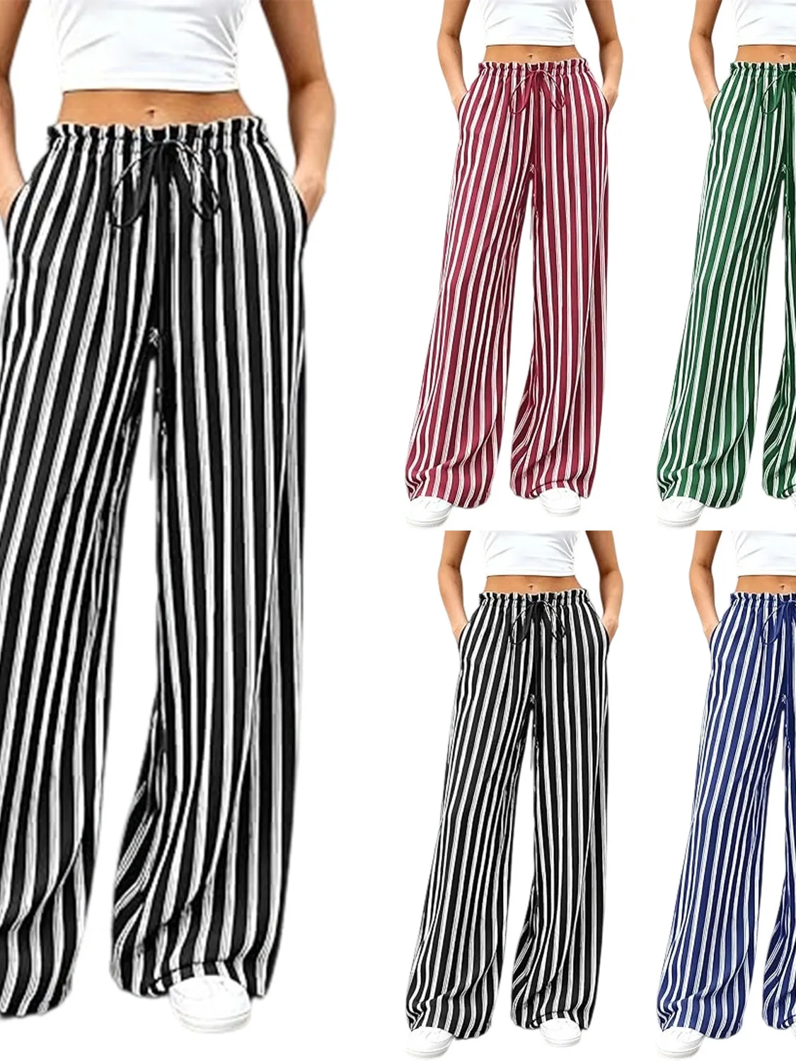 Women's Casual Striped Drawstring Long Pants Elastic Waist Wide Leg Pants Breathable Comfortable Polyester Fiber