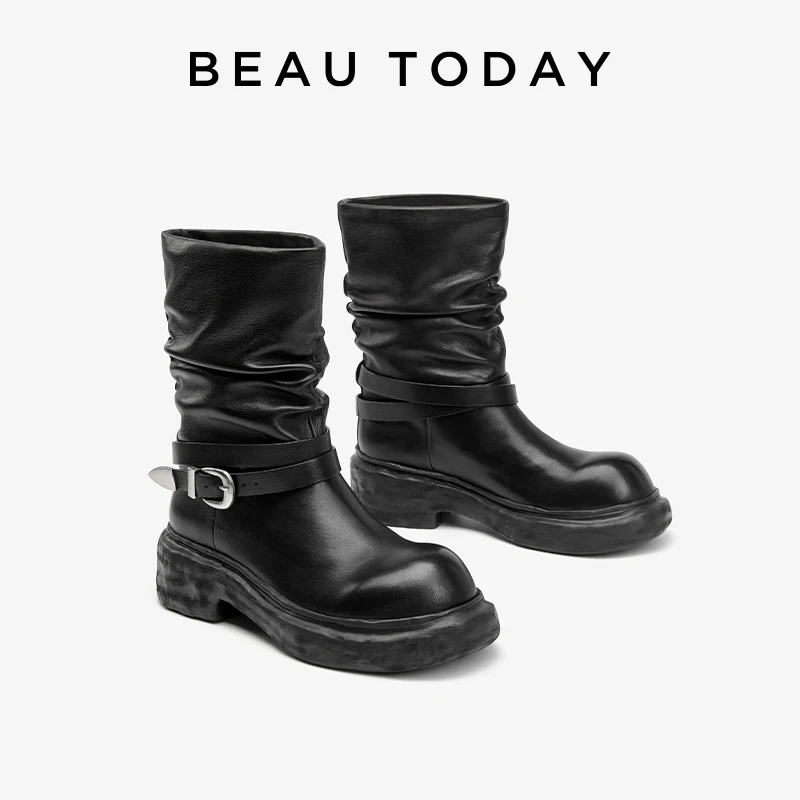 BEAUTODAY Knight Boots Women Cow Leather Pleated Round Toe Texture Heel Belt Buckle Retro Mid-calf Boots Female  Handmade 02264