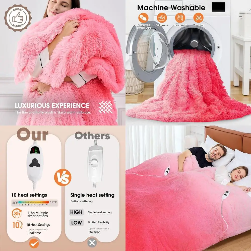 

Queen Size Electric Blanket for Women and Grandmas - Soft Faux Fur, 10 Heat & 5 Timer Options, Fast Warm, 84x90, Baby Pink