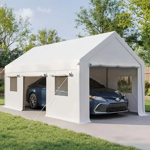 12'x20' Heavy Duty Carport with Reinforced Base and All-Season Tarp | Portable Car Tent Garage with Roll-Up Windows &