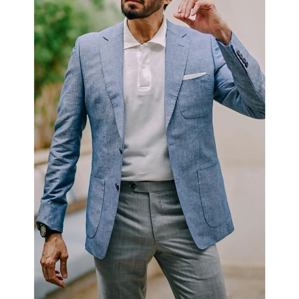 

Мужской пиджак в стиле бизнес-кэжуал с отложным воротником, однобортный, легкий, из льняной ткани