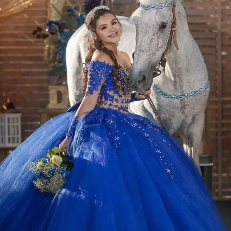 ANGELSBRIDEP Королевское синее кружевное платье Quinceanera с длинным рукавом с бисером милое платье для выпускного вечера 16 блестящее Тюлевое платье 15 лет