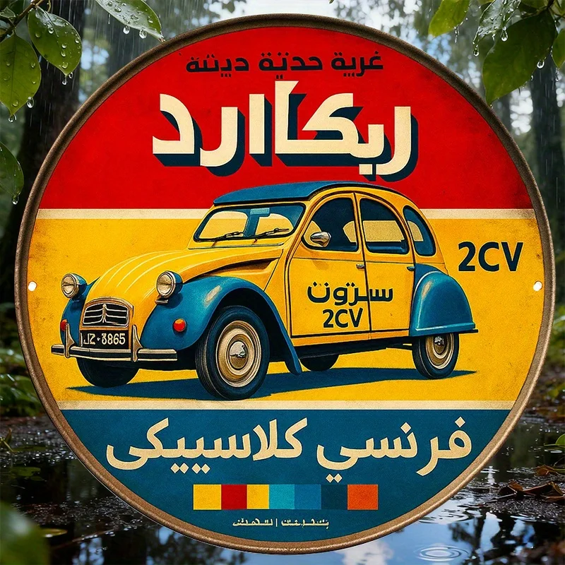 A Vintage Decorative Plaque Featuring a 2CV Car, Made of an 8X8 Inch Round Aluminum Sign in Arabic, Perfect for Decorating Garag