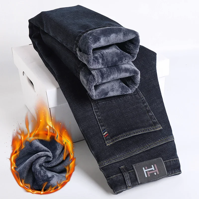 New Winter Casual Men Plush Wool Slim Fit Business Jeans Male Elastic Straight Fleece Denim Pants Warm Thick Fur Skinny Trousers