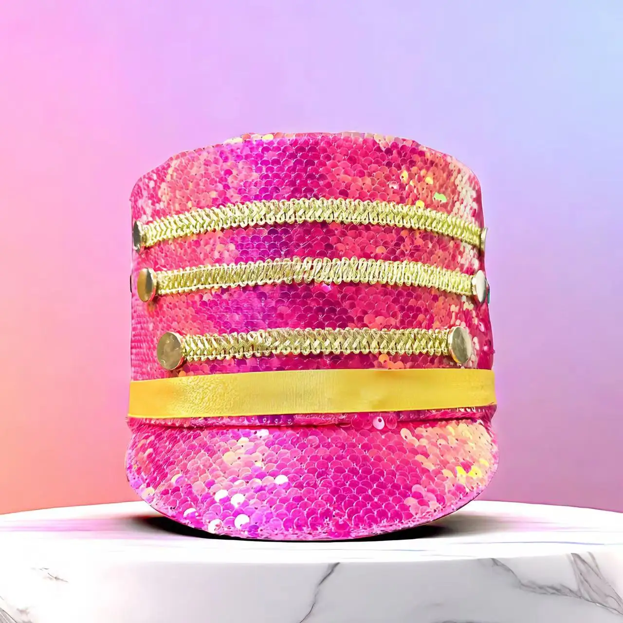 

A pink sequined fashion royal soldier topper, sequined hat, suitable for parades, bars, Burning Man, Halloween, music festivals