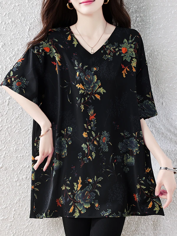 

Floral Loose Fit Women's T-Shirt Summer 2026 New Style plus Size Comfortable Slimming Top Casual Style V-Neck Short Sleeve