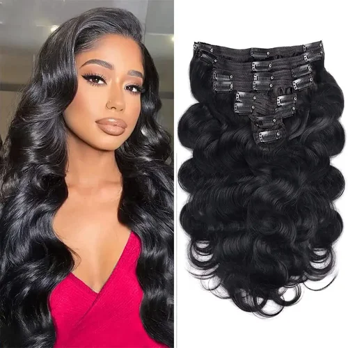 Clip in Body Wave extensiones de cabello para mujeres negras, 100% cabello humano virgen sin procesar, Color negro Natural # 1B