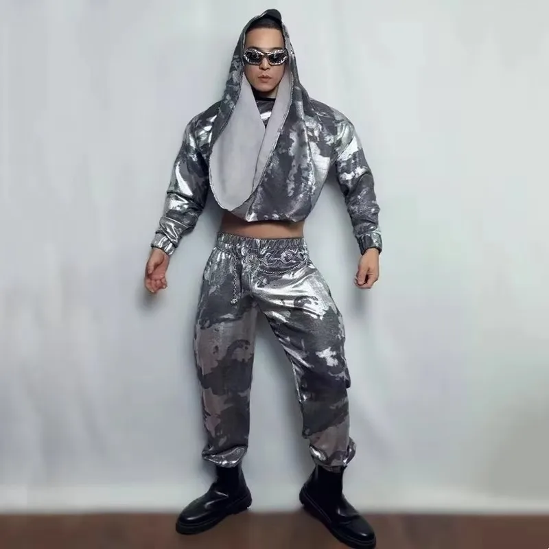 زي أداء المسرح على الطراز المصري للرجال زي راقص جوجو المثير بلوزة فضية مع بنطلون لمهرجان الرقص في الملهى الليلي #3