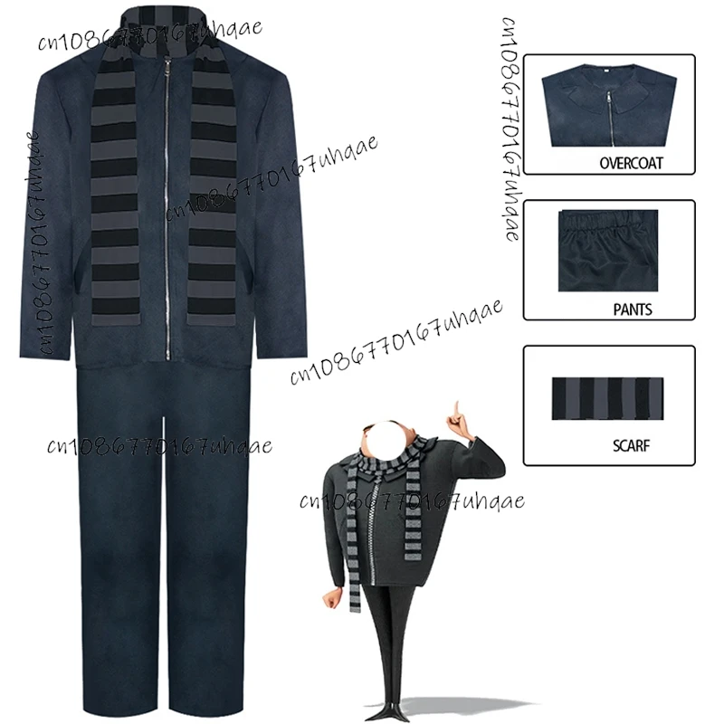 Gru Film Cosplay Kostüm Mantel Hosen Schal für Männer Männliche Verkleidung Dress-Up Party Fantasy Outfits Halloween Karneval Rollenspiel Anzug