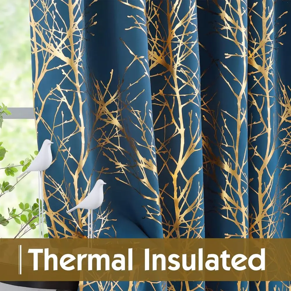 Elegantes 96 cortinas con estampado de árbol de lámina dorada y azul para dormitorio y sala de estar, paneles modernos con ojales de rama metálica