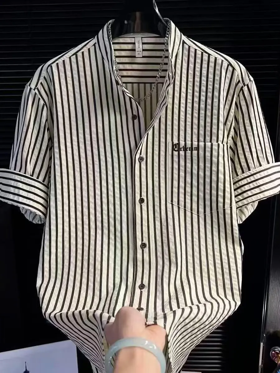 Casual Stripe Ice Silk Men's Shirt Short Sleeve Five Sleeve Summer Breathable Cool Feeling No Ironing Required Business Casual