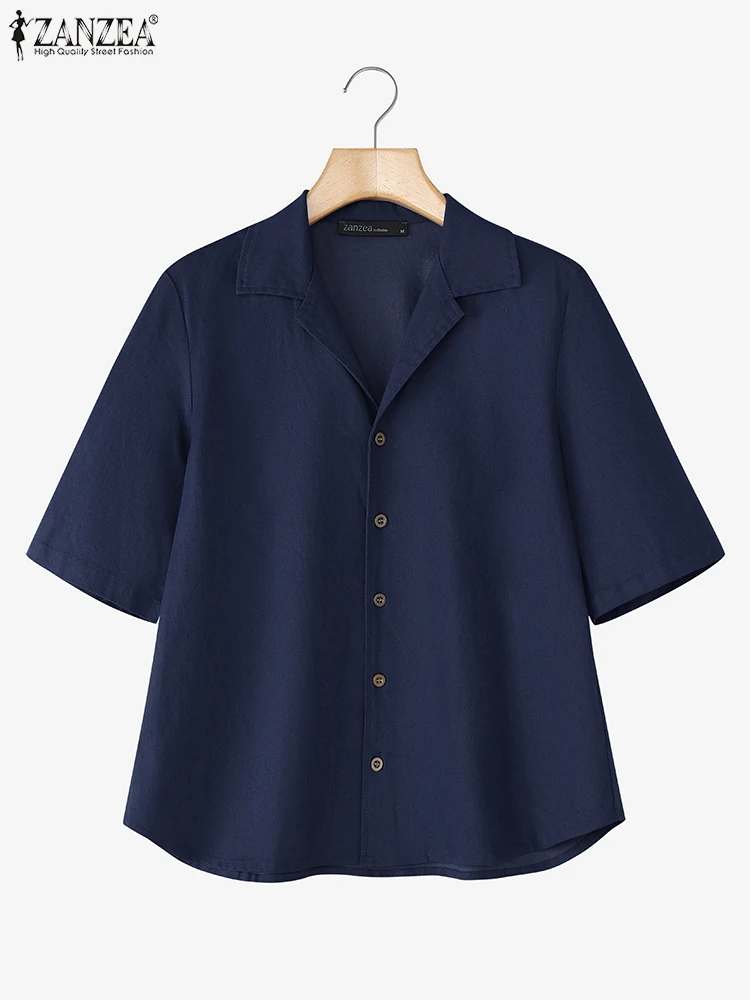ZANZEA Plus Size Shirts Women Fashion Summer Half Sleeve Solid Tops Lapel Casual Loose Buttons Elegant Office Lady OL Blouse