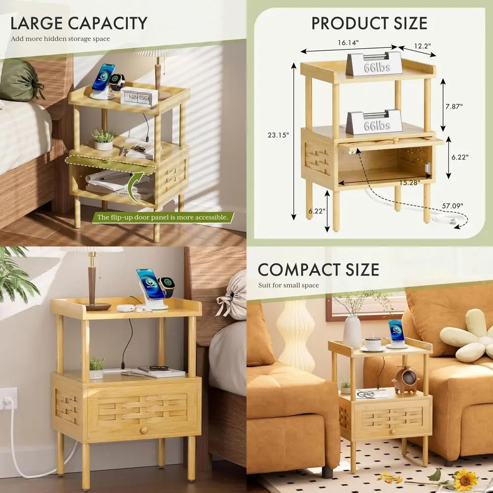 

Прикроватная тумбочка из натурального бамбука с USB-зарядкой и розетками, выдвижным ящиком и полкой, для спальни