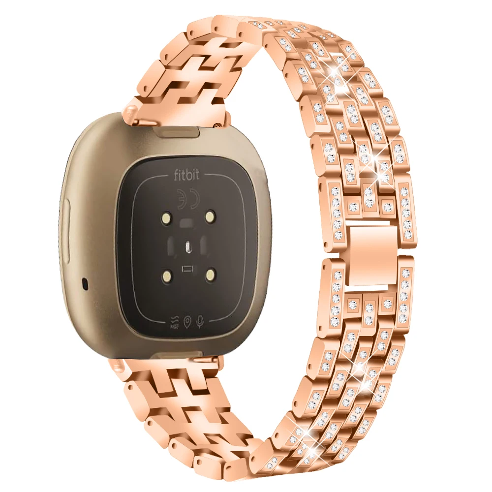 

For Fitbit Versa 4 / Sense 2 Rhinestones Decor Zinc Alloy Strap Replacement Smartwatch Band - Rose Gold