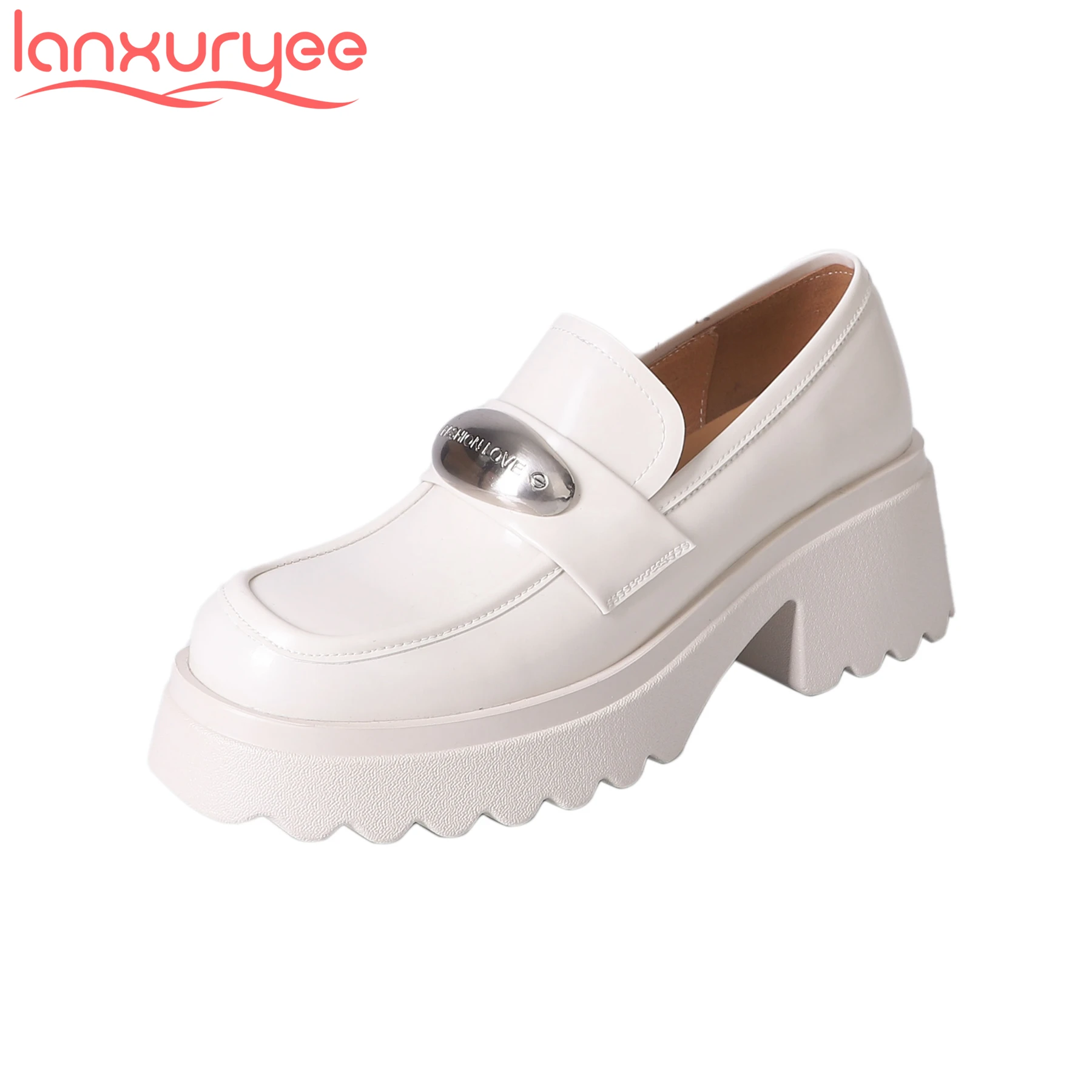 

Lanxuryee Fashion Cow Leather Round Toe High Heels Platform Casual Spring Shoes Vacation Classics Loafers Increasing Women Pumps