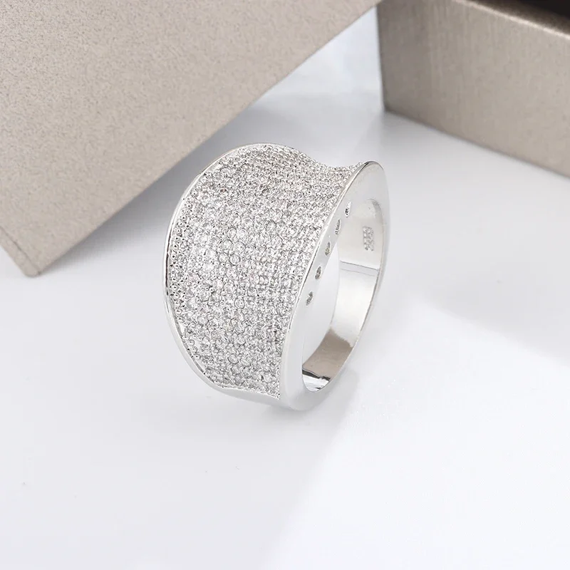 High Quality Silver Color Big Band Ring With Zircon StoneWomen Fashion Wedding Engagement Christmas Present Jewelry 2024 New