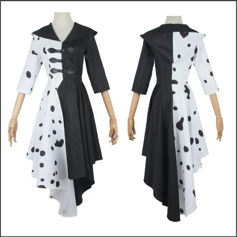 Cruella de telescopische cosplay kostuum vrouwen zwart wit meid jurk met handschoenen hoodie rok pruiken outfits Halloween party cos mn1