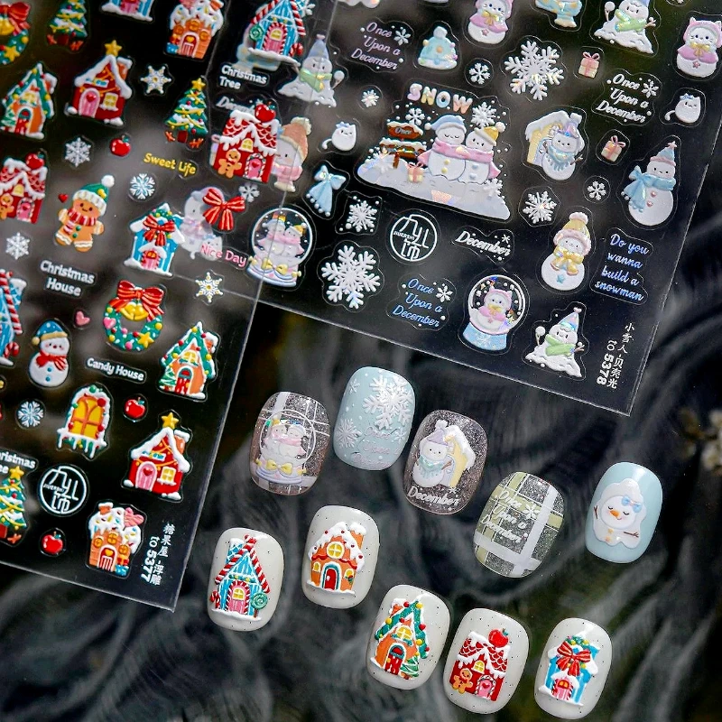 Flocos de neve de inverno boneco de neve estrela árvore de natal grinalda casa pão de gengibre bowknot papai noel bola de cristal arte do prego adesivos decalques