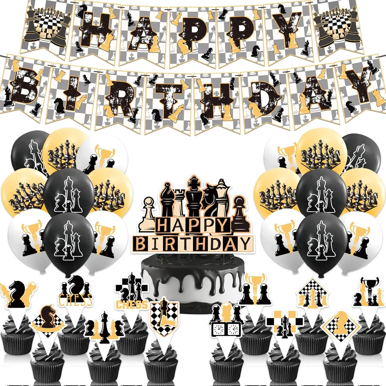 

Chess Birthday Decor Kit: Banner, Cake & Cupcake Topper, Balloons for Board Game Party