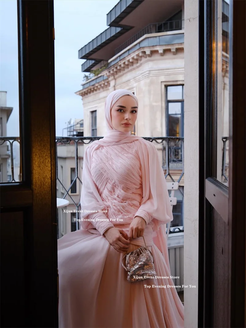 Xijun Modest Blush Pink Chiffon Evening Dresses Beading Pleated Full Sleeves Prom Dresses Luxury Dubai Prom Gowns Customized