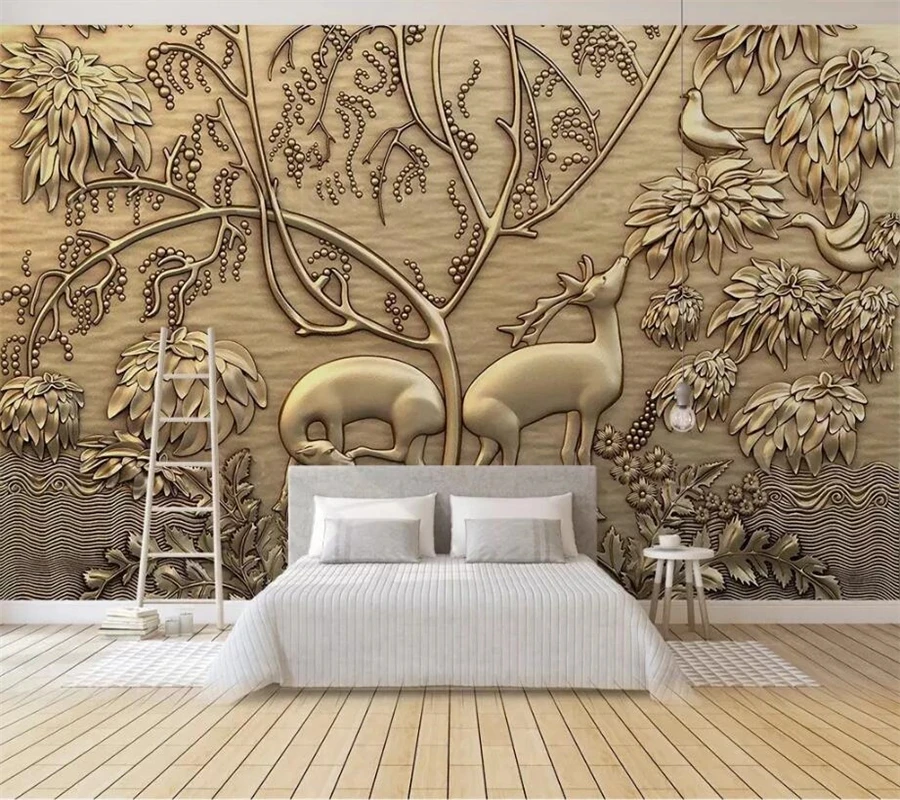Customized wallpaper European 3D photo mural gold embossed forest elk bird Living room sofa background wall bedroom restaurant