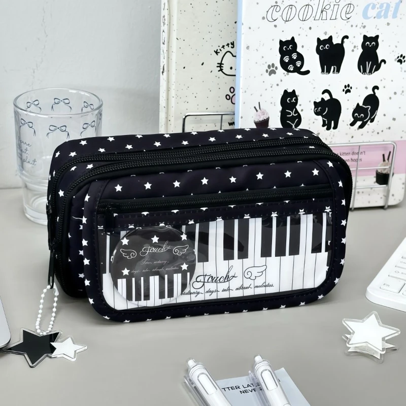 Cute Piano Keyboard Print Pencil Case Star Polka Dot Pen Bag Multi Layer Stationery Storage Bag Portable Student Zipper Pouch