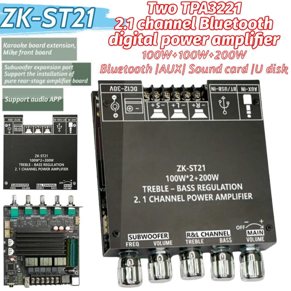 ZK-ST21 Bluetooth-Compatible Digital Power Subwoofer Amplifier 2.1 Channel Amplifier Module 100W+100W+200W Chip TPA3221