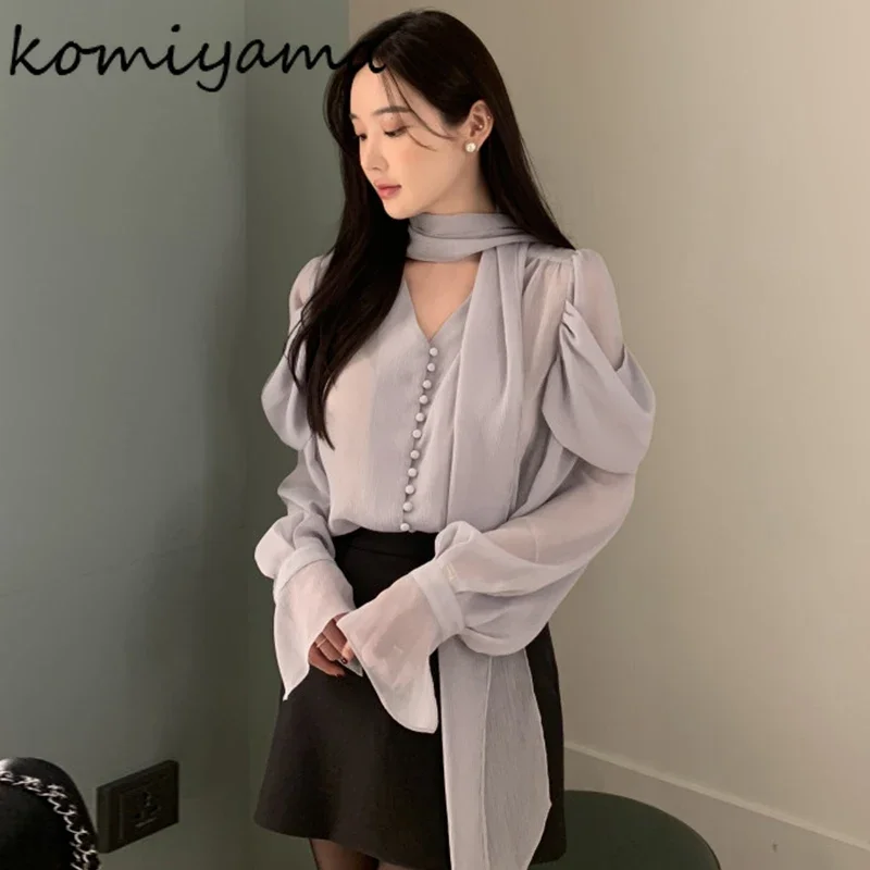 V Neck Ribbon Shirts Blouses Pile Up Sleeve Blusas Mujer Single Breasted Camisas Elegant Ropa Mujer Korean Clothes Women