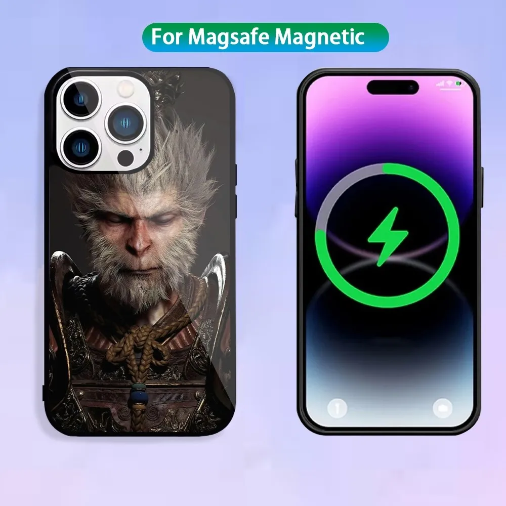 Game Black M-Myth Wukong Phone Case For Magnetic Inductive Charging iPhone 15 14 13 11 12 Max Plus Pro Mini Shell