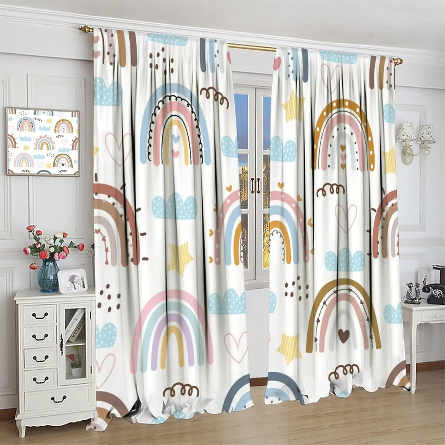 Boho Rainbow Curtains for Kids, Lovely Bohemian Rainbow for Girl Baby Children Nursery Bedroom Colorful Cute Cartoon Cloud Stars