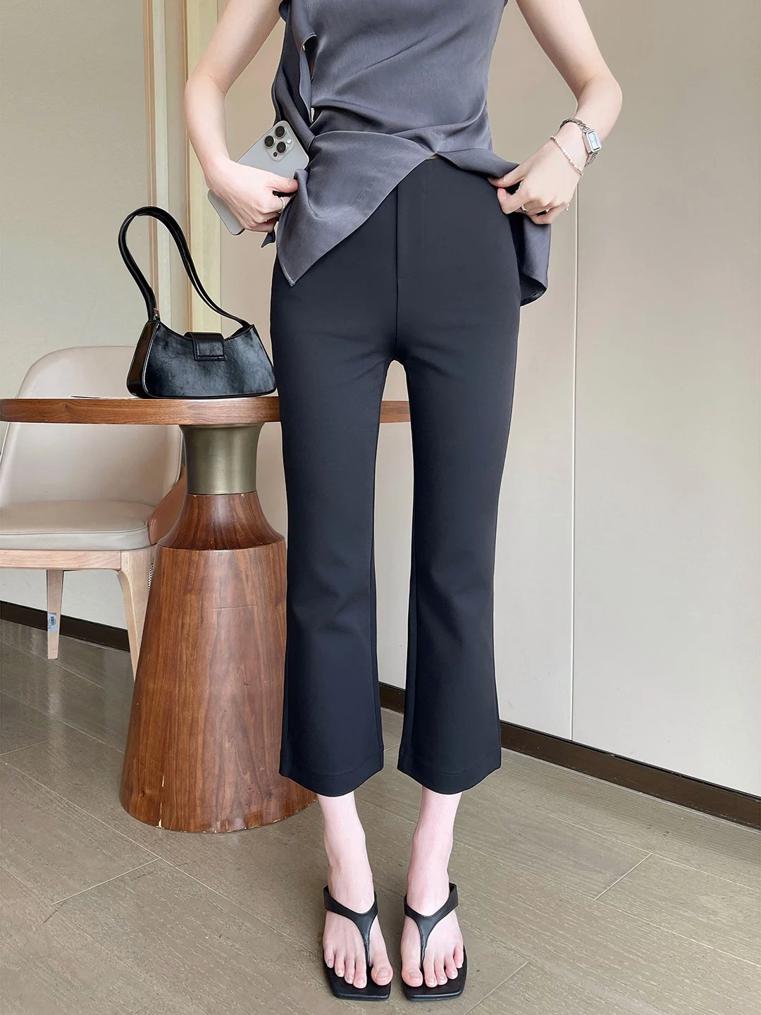 Black High Waist Slimming Nine-Piece Pants Women's Casual Pants Simple Fashion Micro Flared Pants Summer 2026 PINKEENSTUDIO