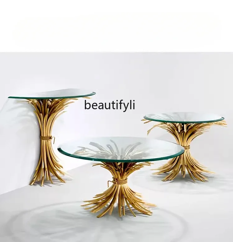 

Italian light luxury stainless steel round glass coffee table modern art creative stainless steel side table