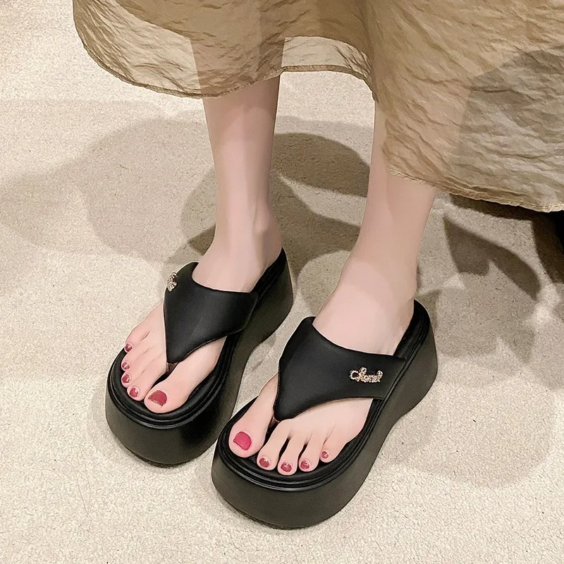 8Cm Pu Leer Hoge Platform Zomer Clip Teen Strand Flip Dames Mode Sandalen Flats Slippers Pumps Plateau Wig Damesschoenen