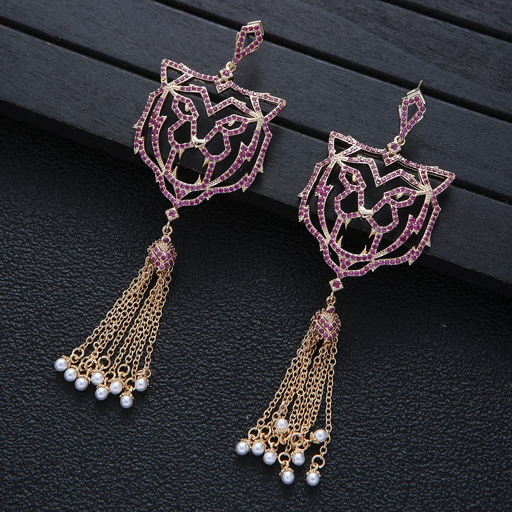 

Luxury Tiger Earrings Trendy Cubic Zircon Wedding Engagement Party Dubai Long Tassels Earrings For Women Jewel E10309