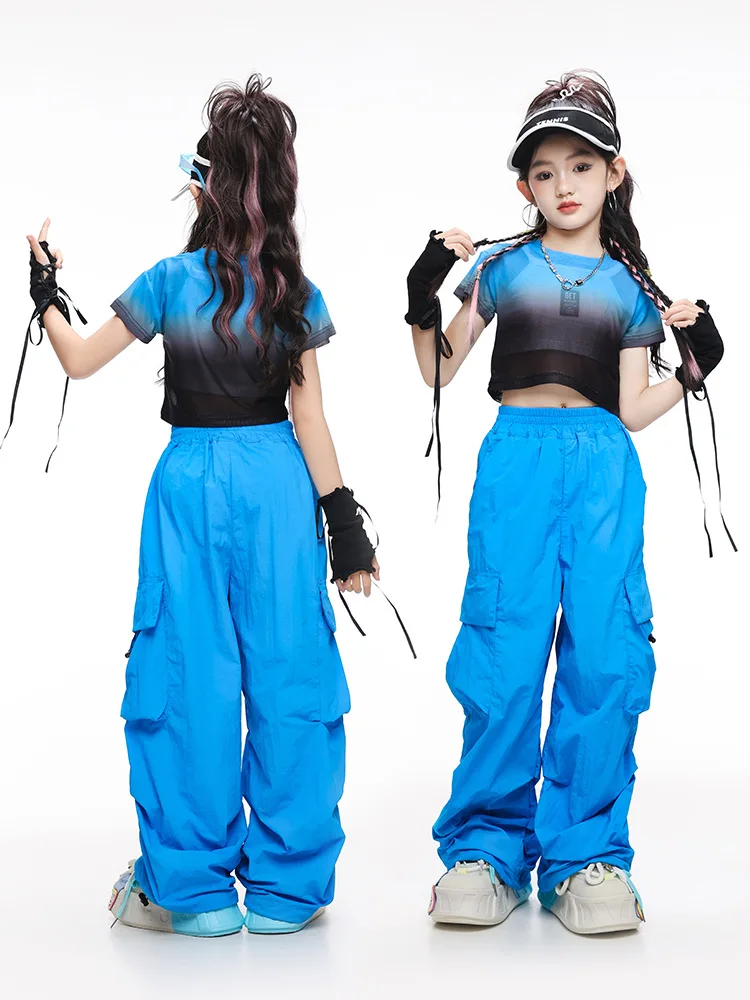 Haut court en maille semi-transparente pour filles, ensemble Hip Hop, t-shirt bleu, pantalon cargo Wstring de proximité, vêtements de costume de danse jazz pour enfants