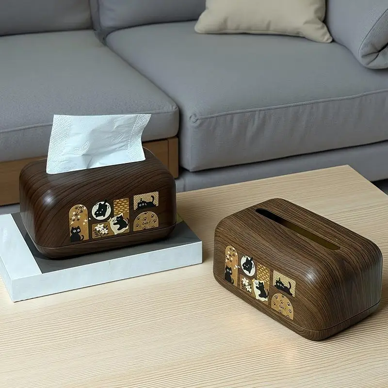 【HMA】Vintage Simple Walnut Color Tissue Box Household Cat Wood Living Room Storage Carton Wooden Tissue Storage Box