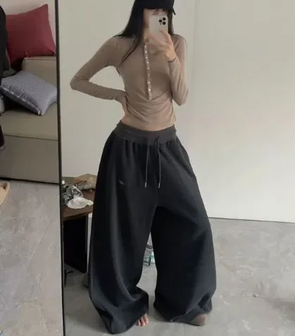 Y2K Streetwear Gray Sweatpants Woman Korean Oversized Loose All Match Sports Pant High Waist Drawstring Casual Wide Leg Trousers