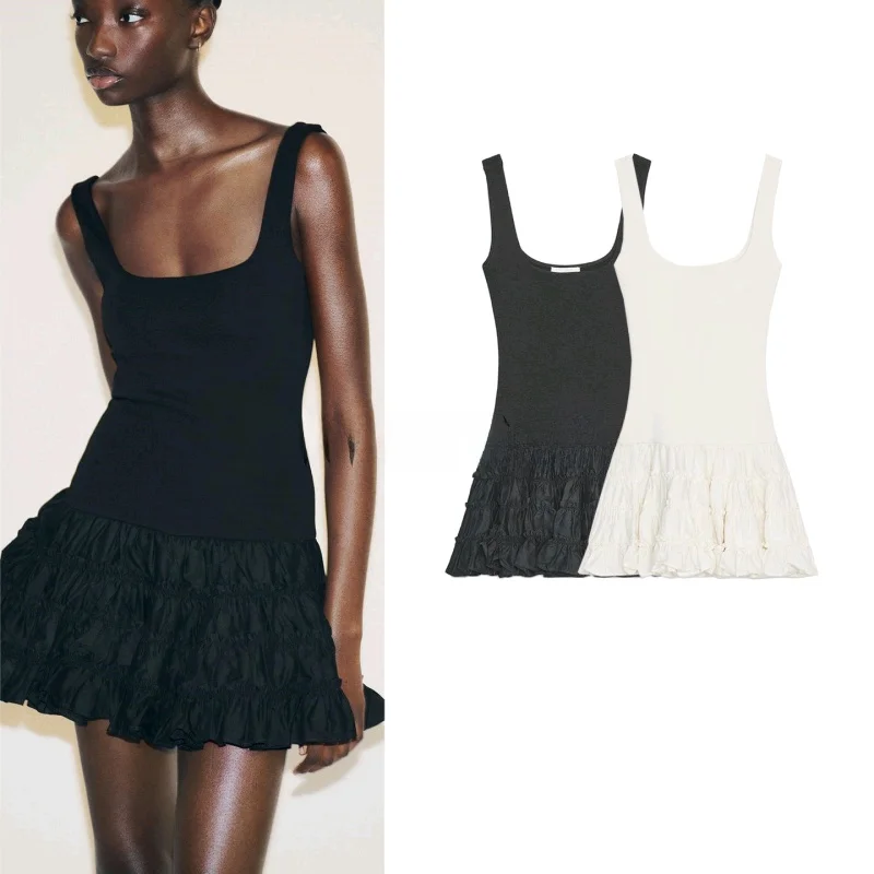 Vestido Casual F de Verão com Estilo mata, Detalhes em Babados, Barra em Camadas, Decote Quad, Sem Alças, C...