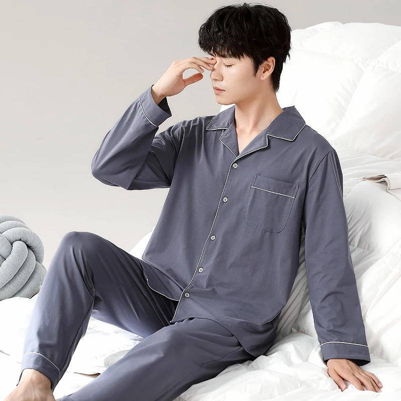 Newest Men Pajamas Set 100% Cotton Spring And Autumn Long Sleeve Pijama Nightwear Male Sleepwear Two Piece Set