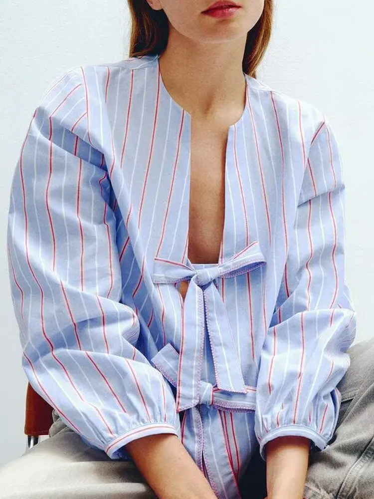 

Women's New Chic Loose Hollow Out V-neck Lace-up Striped Shirts Female Elegant Bow Lantern Sleeve Semi-Sheer Poplin Blouses Tops