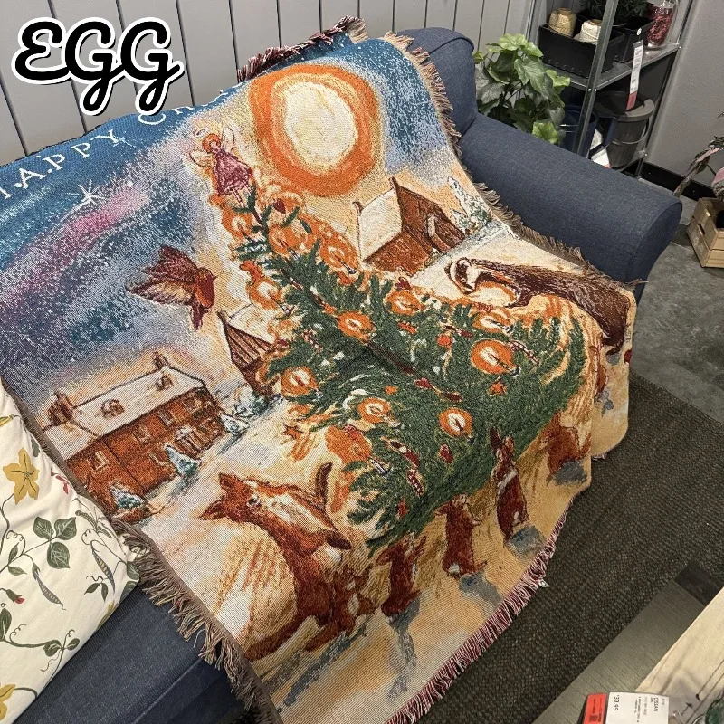 

Room Decoration Christmas Tapestry Tree Pattern Throw Blanket for Bed Chair Picnic Mat Sofa Cover Cloth with Tassels for Winter