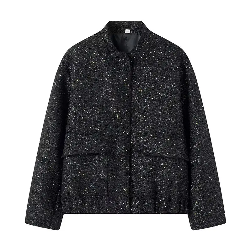 Large Size Fashionable Stand Up Collar Sequined Jacket Flight Jacket for Women